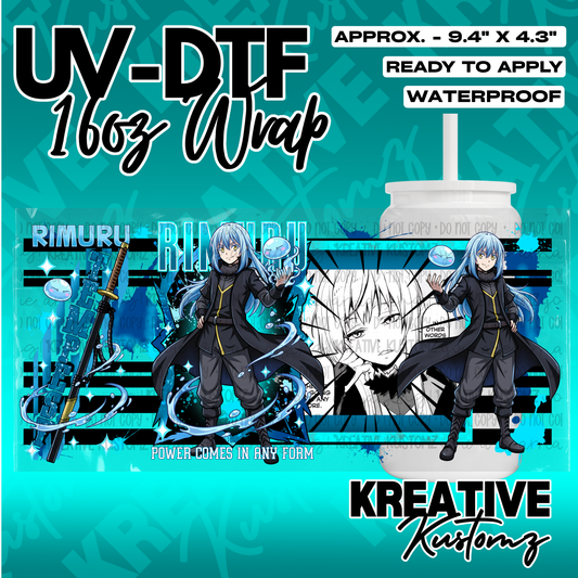 A Rimuru Tempest themed UV DTF adhesive wrap for a 16oz glass cup.