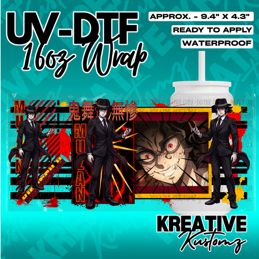 A UV DTF adhesive cup wrap featuring anime character Muzan Kibutsuji for a 16oz glass can.