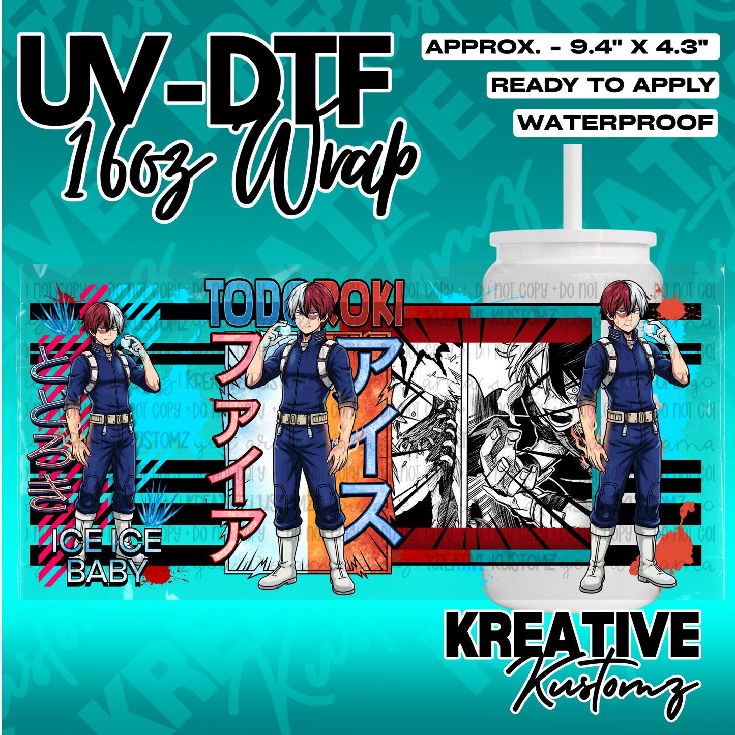 A UV DTF adhesive wrap for a 16oz glass cup featuring anime character Shoto Todoroki.