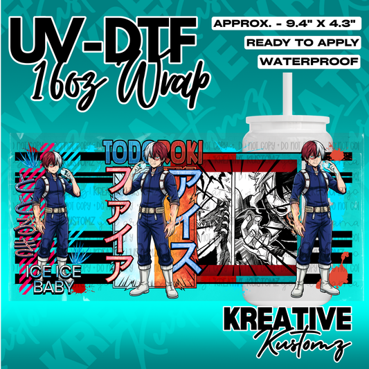 A UV DTF adhesive wrap for a 16oz glass cup featuring anime character Shoto Todoroki.
