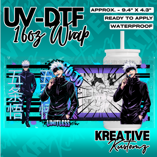 A UV DTF adhesive wrap for 16oz glass cans featuring Gojo Satoru from Jujutsu Kaisen.
