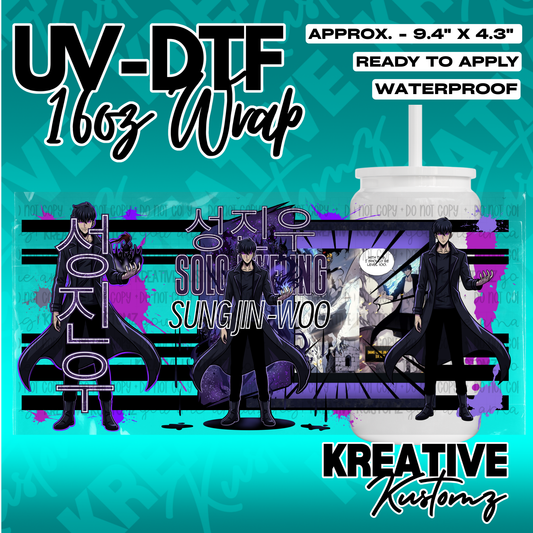 A UV DTF adhesive cup wrap featuring Sung Jin-Woo from Solo Leveling for a 16oz glass can.