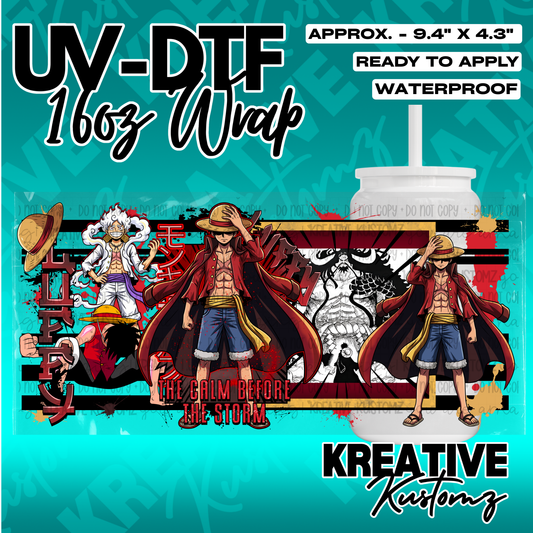 A UV DTF adhesive wrap for a 16oz glass cup featuring One Piece anime character designs.
