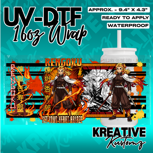 A Rengoku themed UV DTF adhesive wrap for a 16oz glass cup featuring flames and Japanese text.
