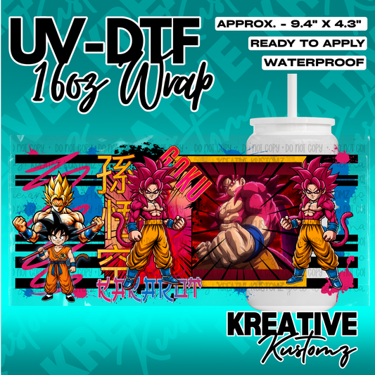 A Dragon Ball themed UV DTF adhesive wrap for 16oz glass cans featuring Goku in various forms.