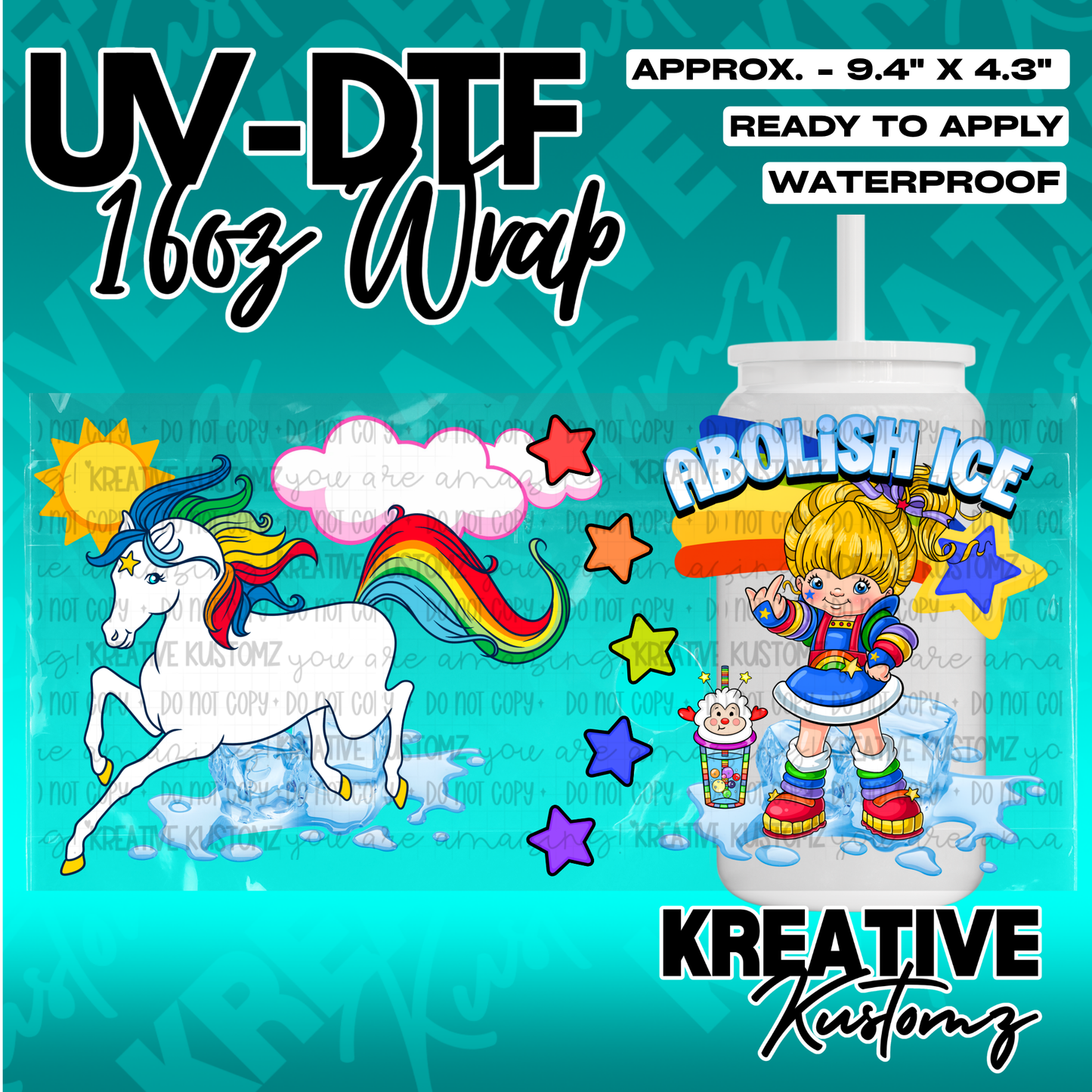 A UV DTF cup wrap featuring a unicorn and a cartoon character with the text Abolish Ice.