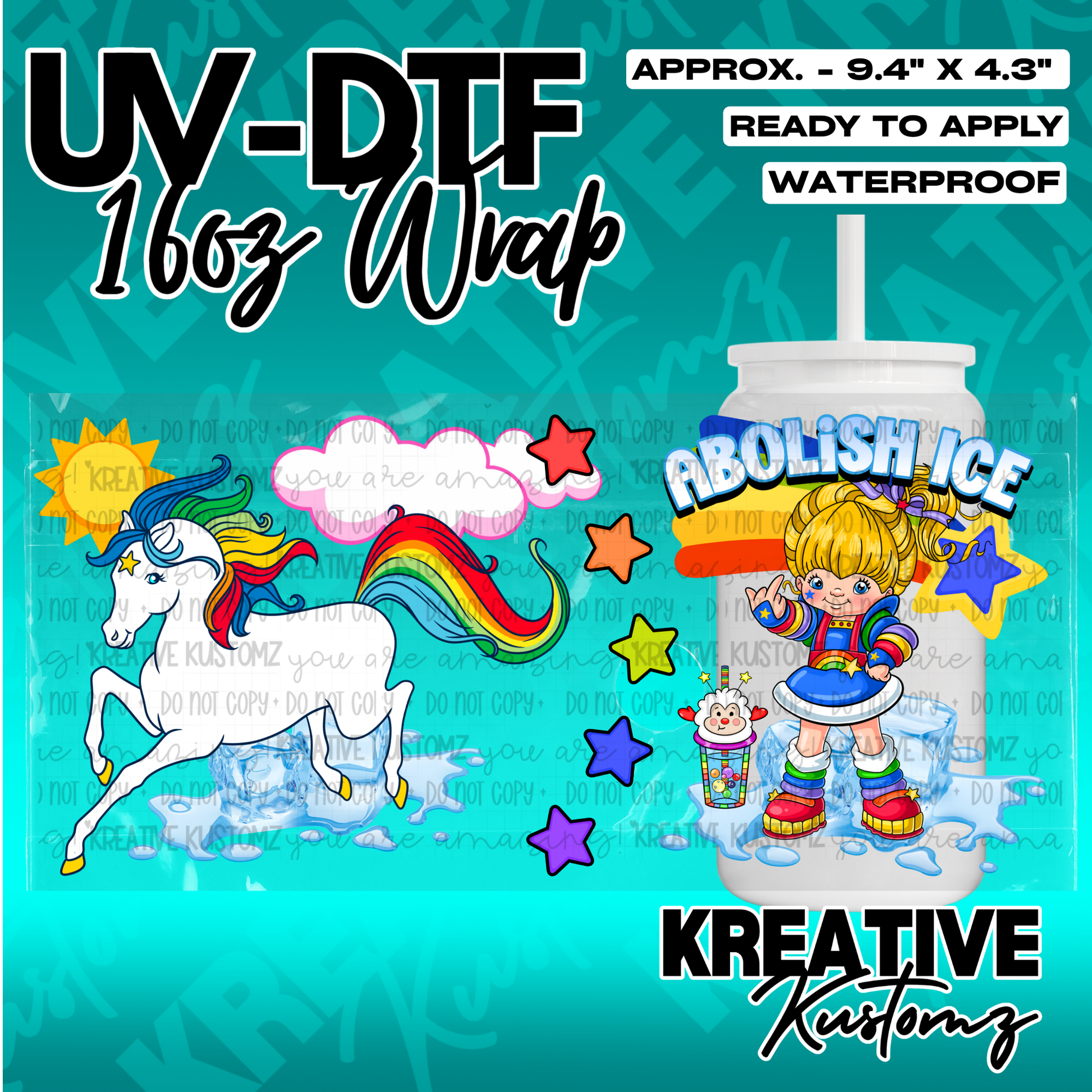 A UV DTF cup wrap featuring a unicorn and a cartoon character with the text Abolish Ice.