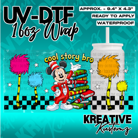 A UV DTF cup wrap featuring Mickey Mouse in a red hat with books and colorful truffula trees.