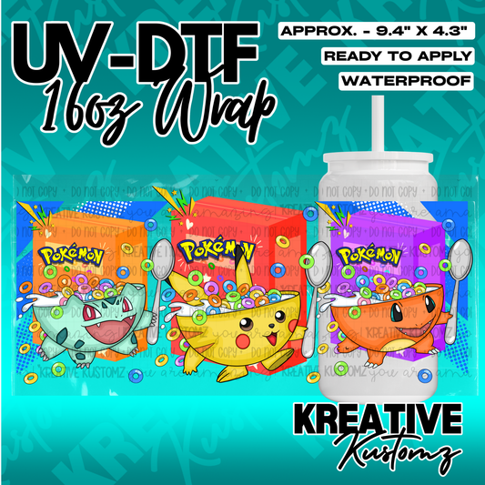 A UV DTF cup wrap featuring Bulbasaur, Pikachu, and Charmander eating cereal from boxes.