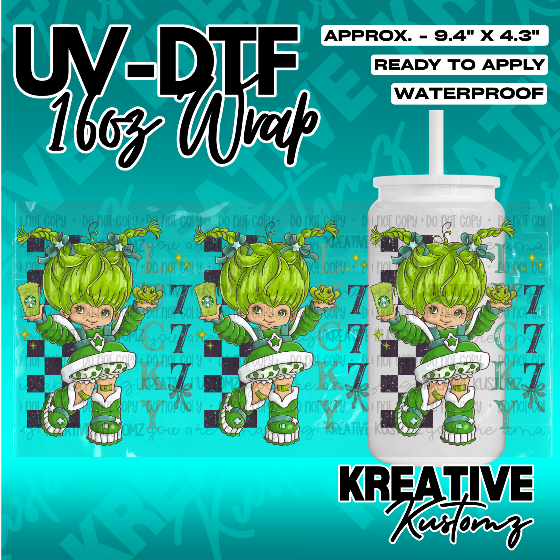 A UV DTF cup wrap featuring a cartoon girl with green hair and a checkered background.