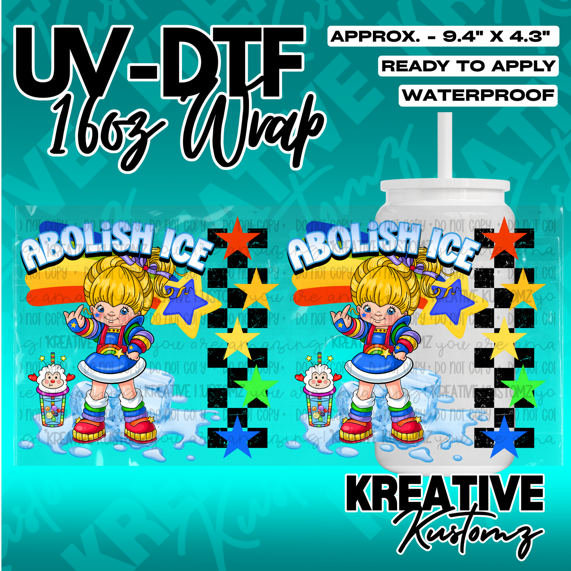A UV DTF adhesive wrap for 16oz glass cans featuring a cartoon character and checkered pattern.