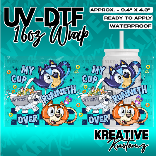 A UV DTF adhesive wrap for 16oz glass cans featuring Bluey characters and cereal bowl graphics.