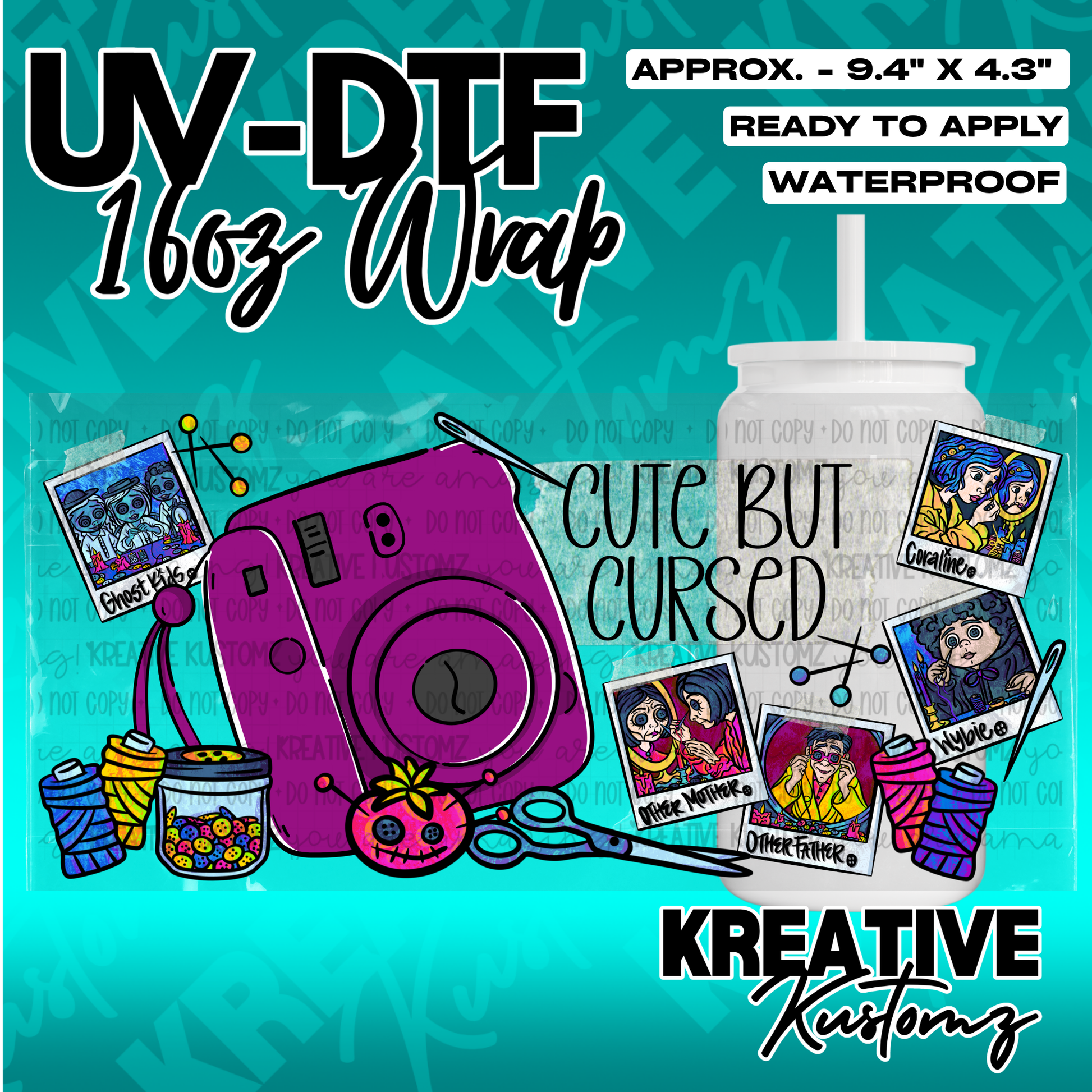A Coraline themed UV DTF adhesive wrap for a 16oz glass cup featuring character polaroids.