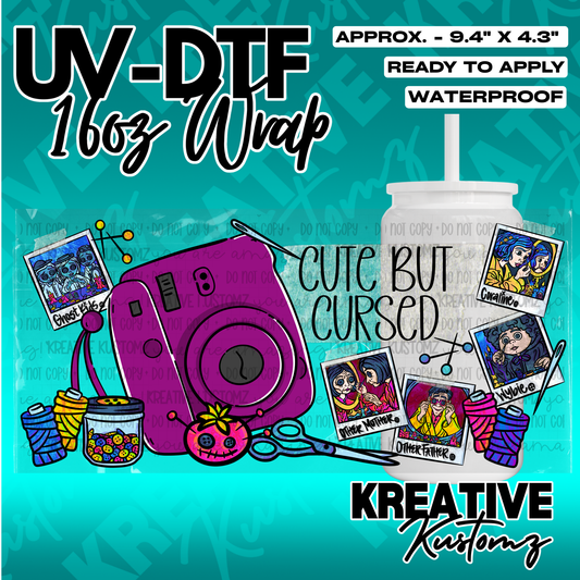A Coraline themed UV DTF adhesive wrap for a 16oz glass cup featuring character polaroids.