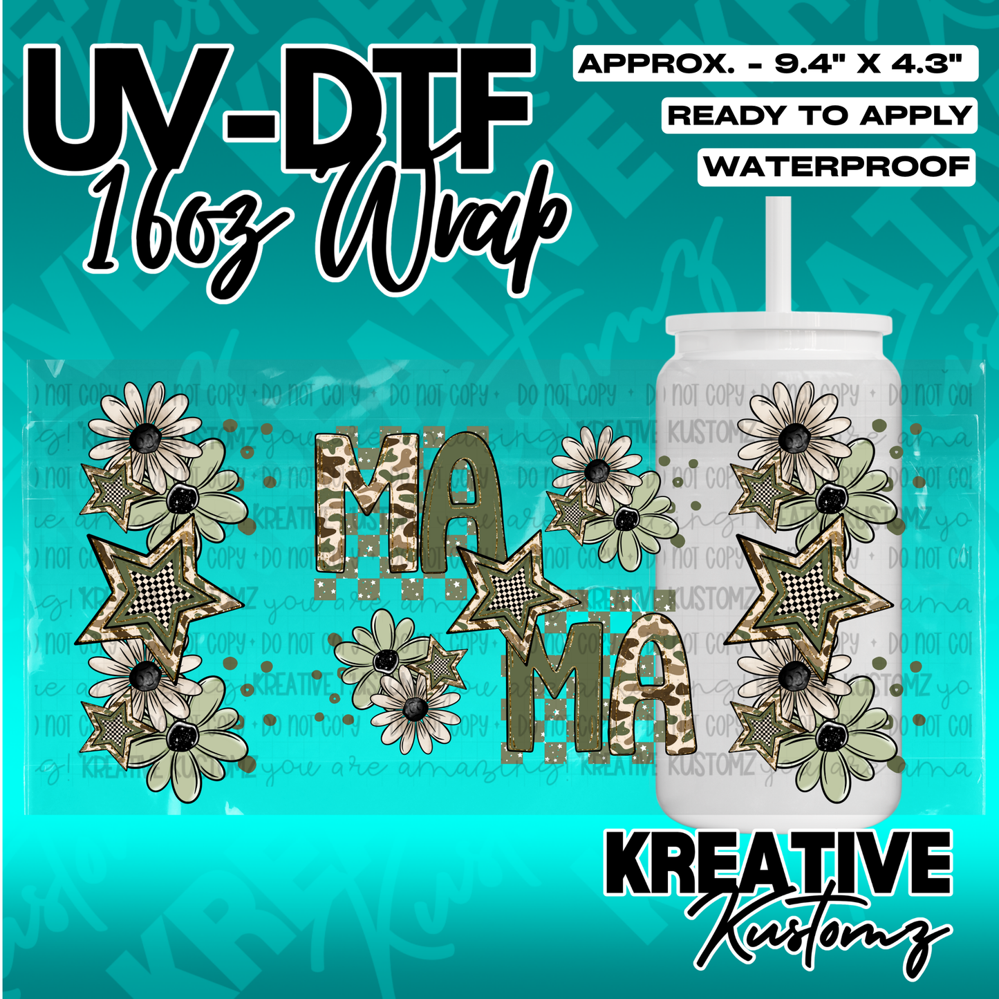 A floral UV DTF adhesive wrap for 16oz glass cans featuring the word Mama in a patterned font.