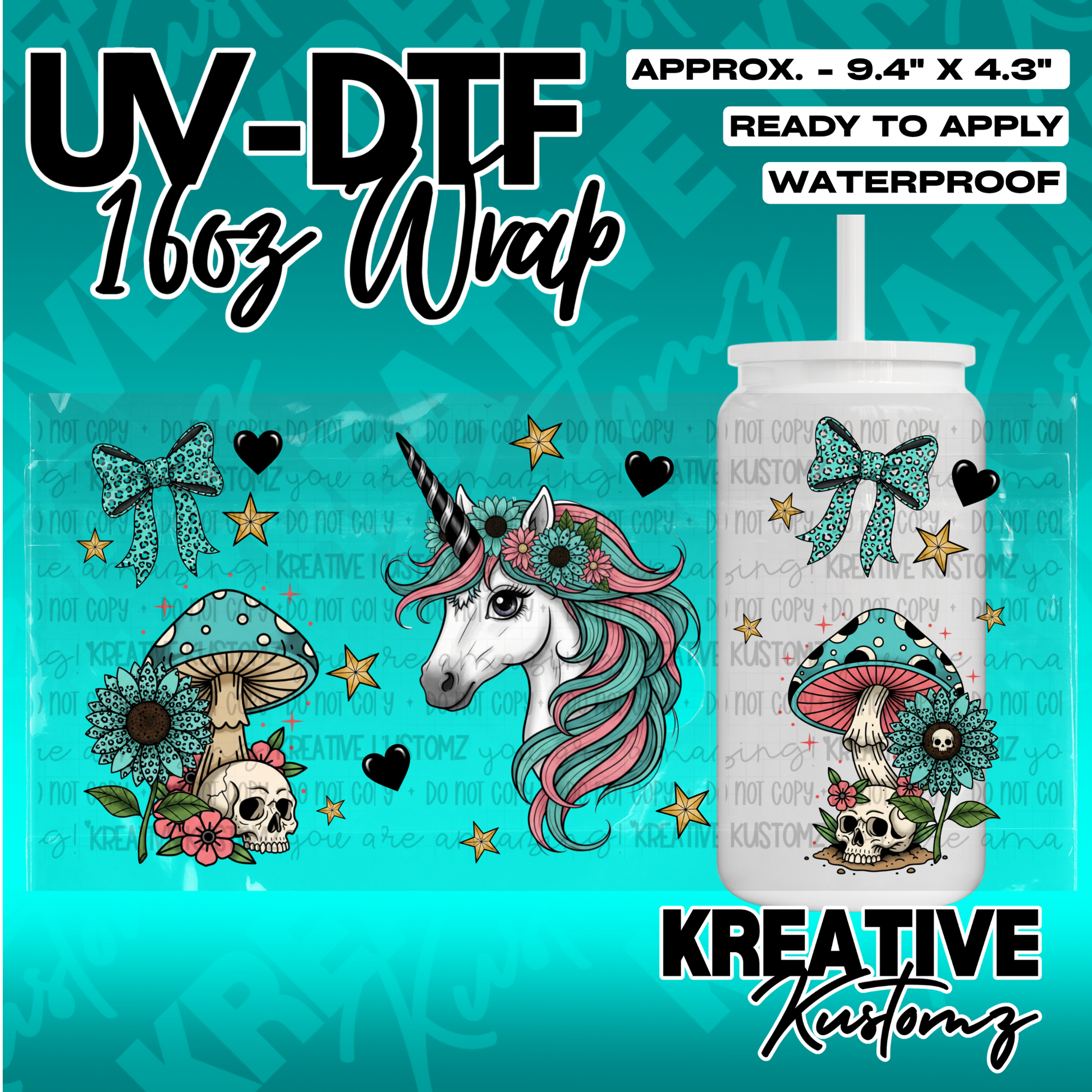 A UV DTF cup wrap featuring a unicorn, mushrooms, skulls, and floral designs for a 16oz glass can.