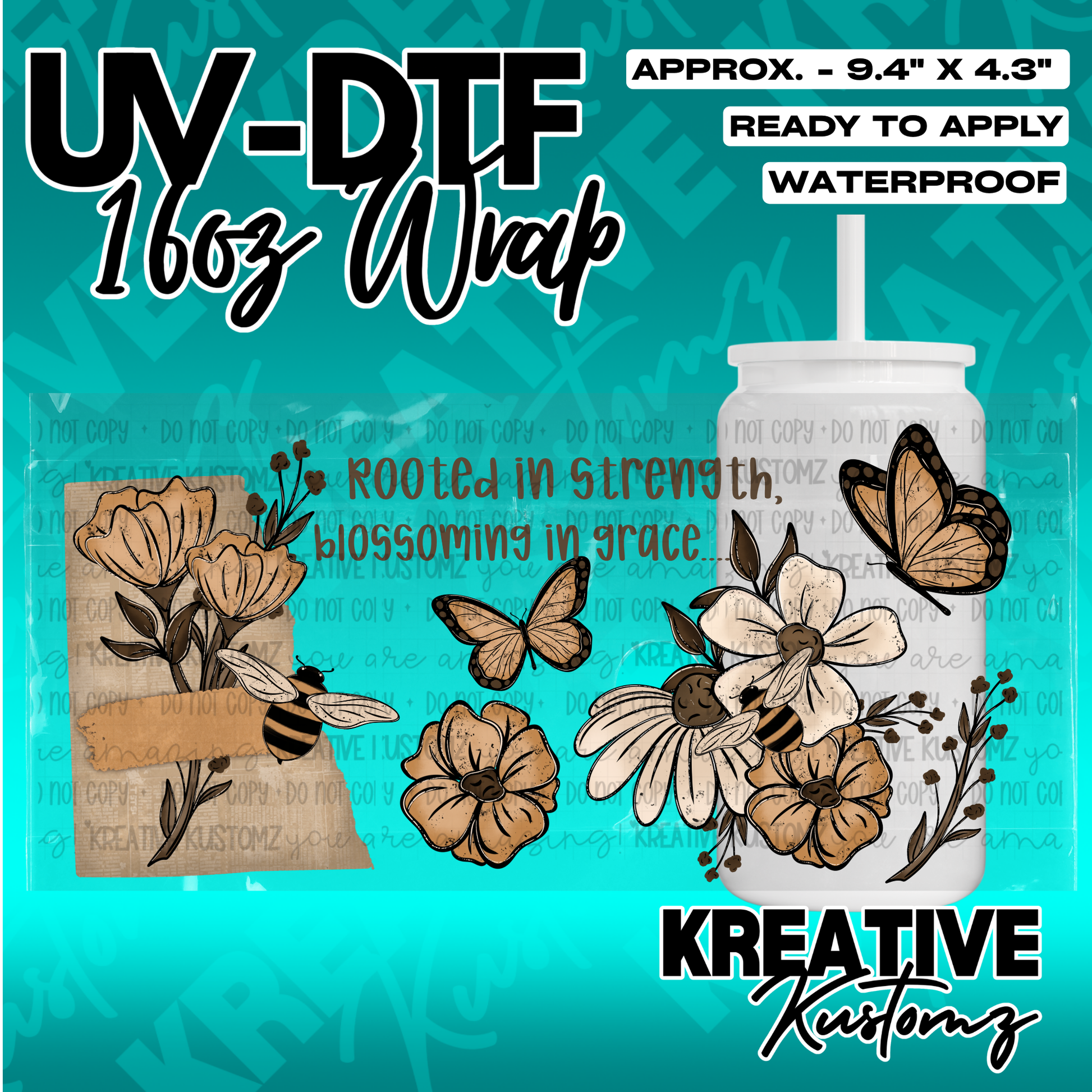 A floral and butterfly themed UV DTF adhesive wrap for a 16oz glass cup.