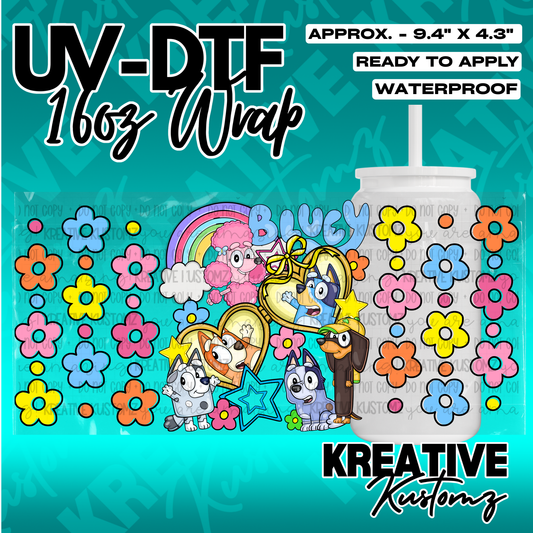 A Bluey themed UV DTF adhesive wrap for a 16oz glass cup featuring colorful flowers and characters.