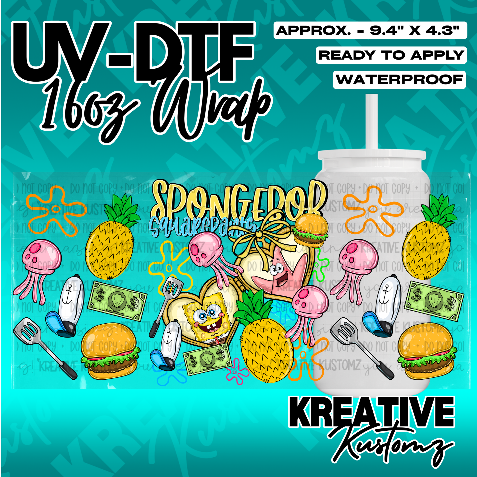 A SpongeBob SquarePants themed UV DTF adhesive wrap for 16oz glass cans.