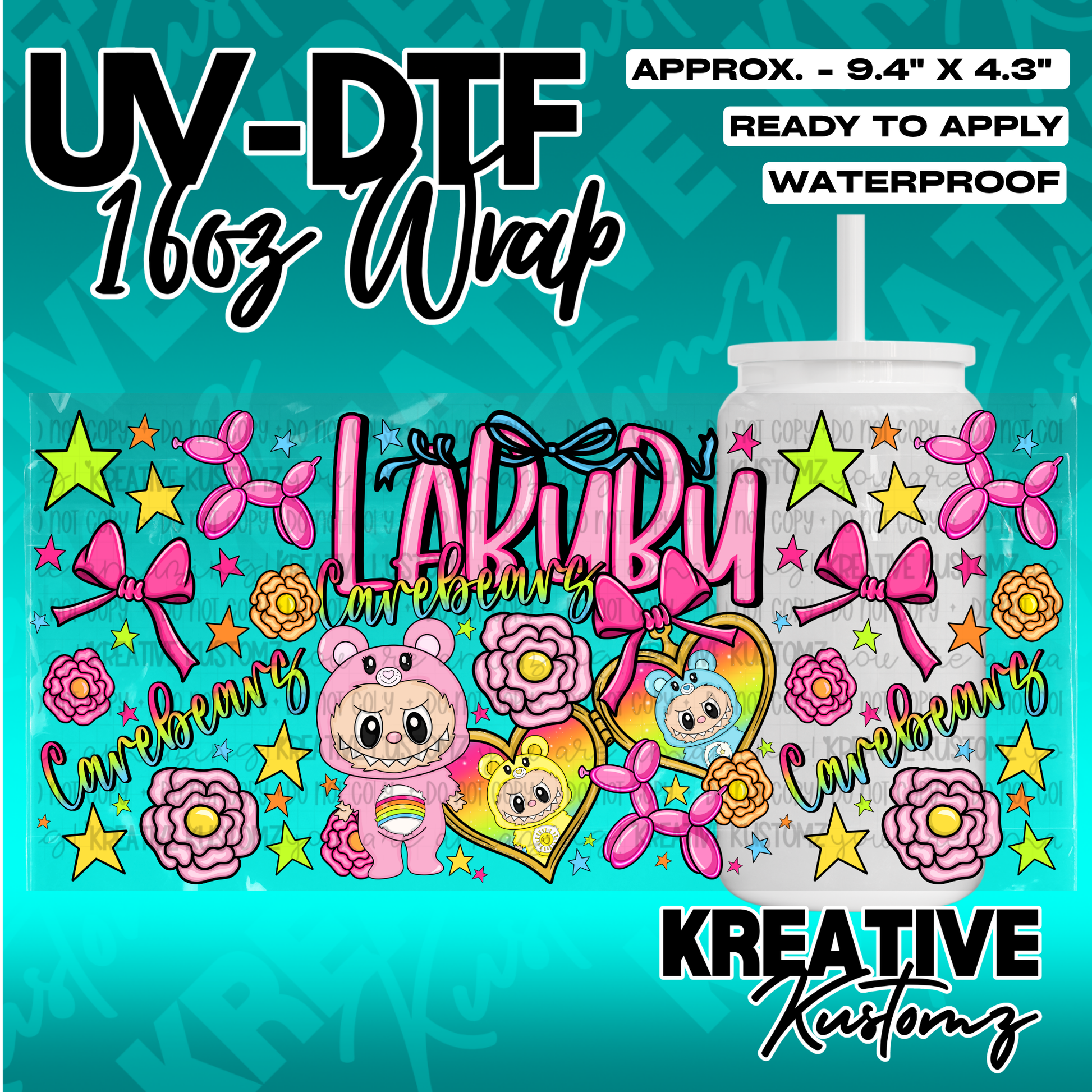 A colorful UV DTF cup wrap featuring Care Bears characters, bows, and flowers for a 16oz glass.