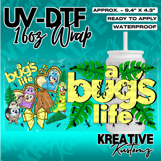 A Bugs Life themed UV DTF cup wrap featuring cartoon characters and leaves for 16oz glass cans.