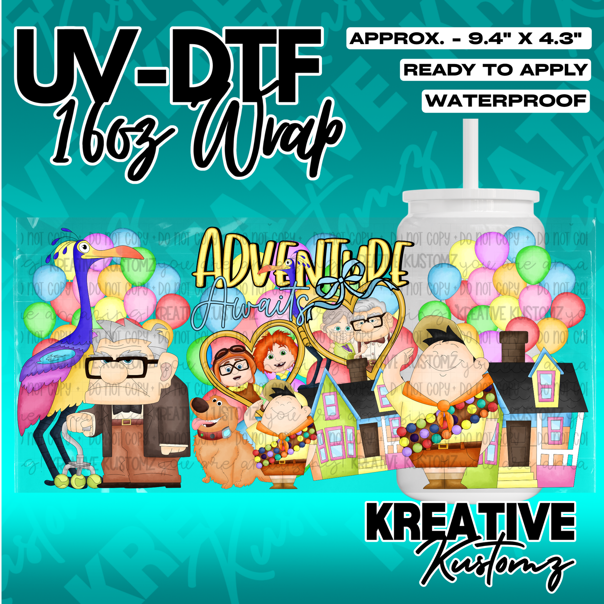 A UV DTF adhesive cup wrap featuring characters and themes from the movie Up.