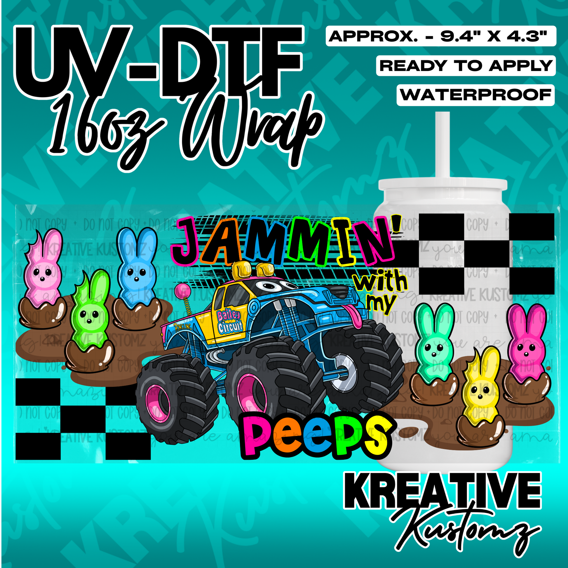 A UV DTF cup wrap featuring a monster truck, colorful bunny candies, and checkered patterns.
