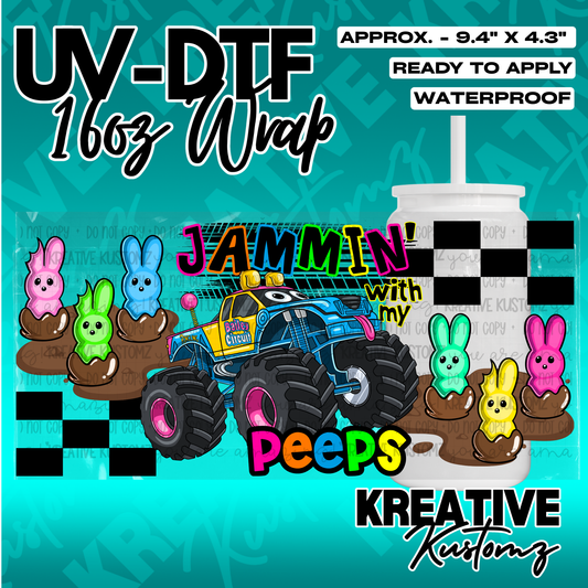 A UV DTF cup wrap featuring a monster truck, colorful bunny candies, and checkered patterns.