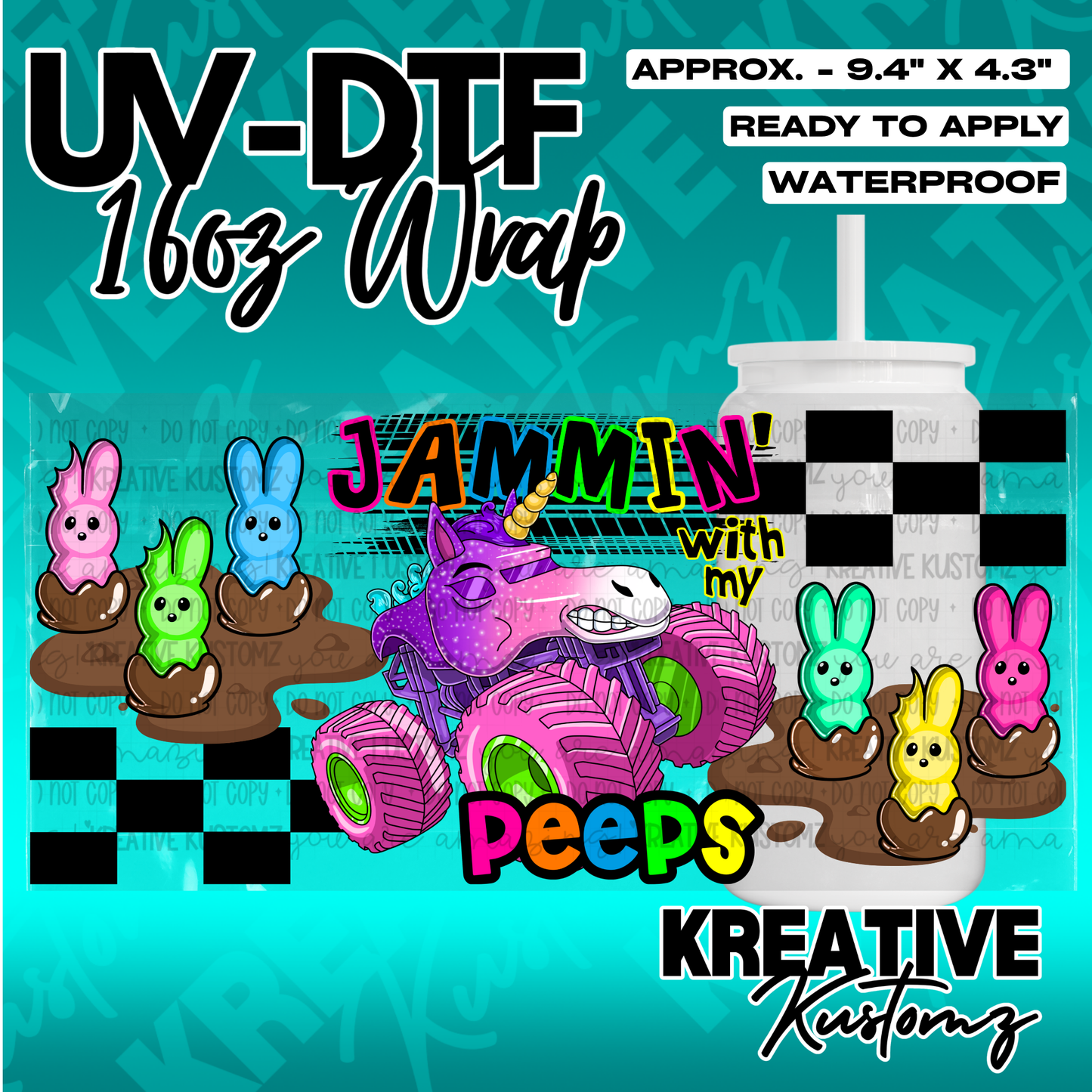 A UV DTF cup wrap featuring a monster truck unicorn and colorful marshmallow bunnies.