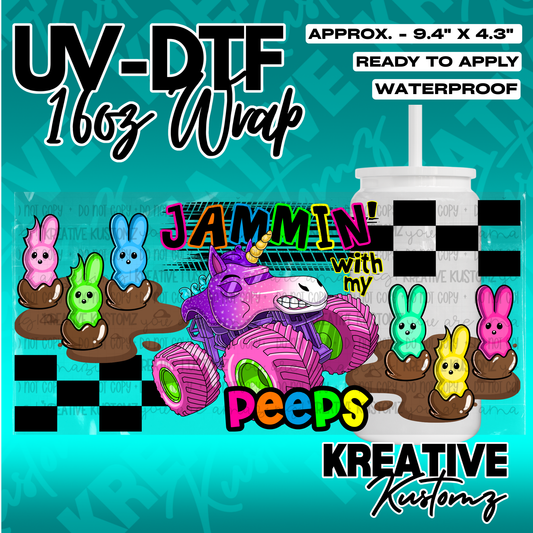 A UV DTF cup wrap featuring a monster truck unicorn and colorful marshmallow bunnies.