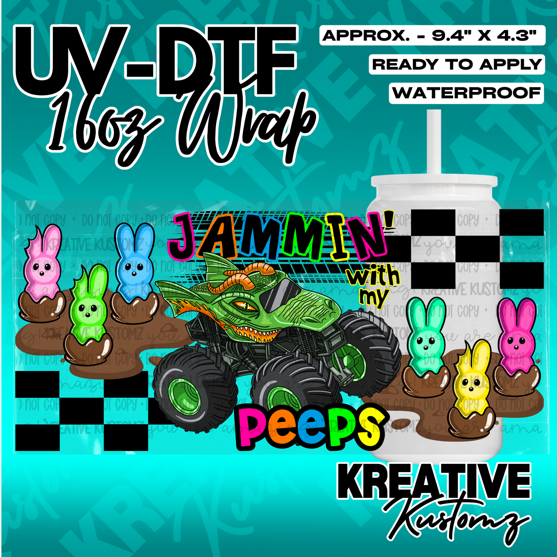 A UV DTF cup wrap featuring a monster truck, colorful marshmallow bunnies, and checkered patterns.