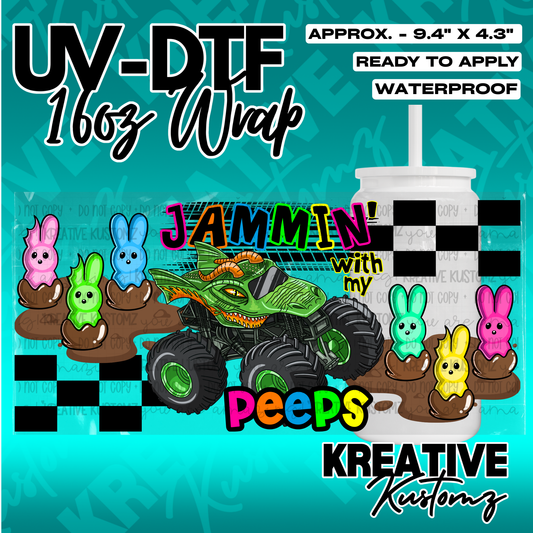 A UV DTF cup wrap featuring a monster truck, colorful marshmallow bunnies, and checkered patterns.