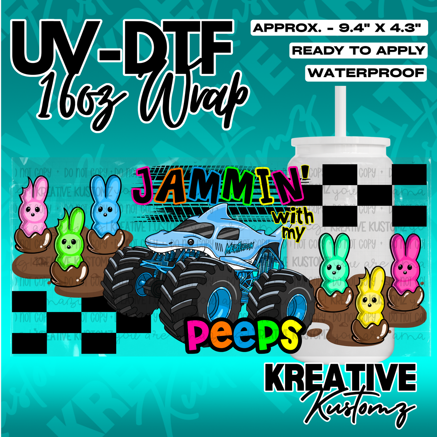 A UV DTF cup wrap featuring a monster truck, colorful marshmallow bunnies, and checkered patterns.