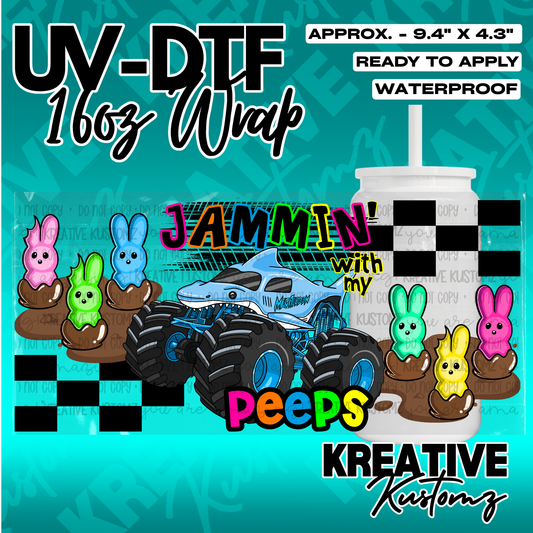 A UV DTF cup wrap featuring a monster truck, colorful marshmallow bunnies, and checkered patterns.