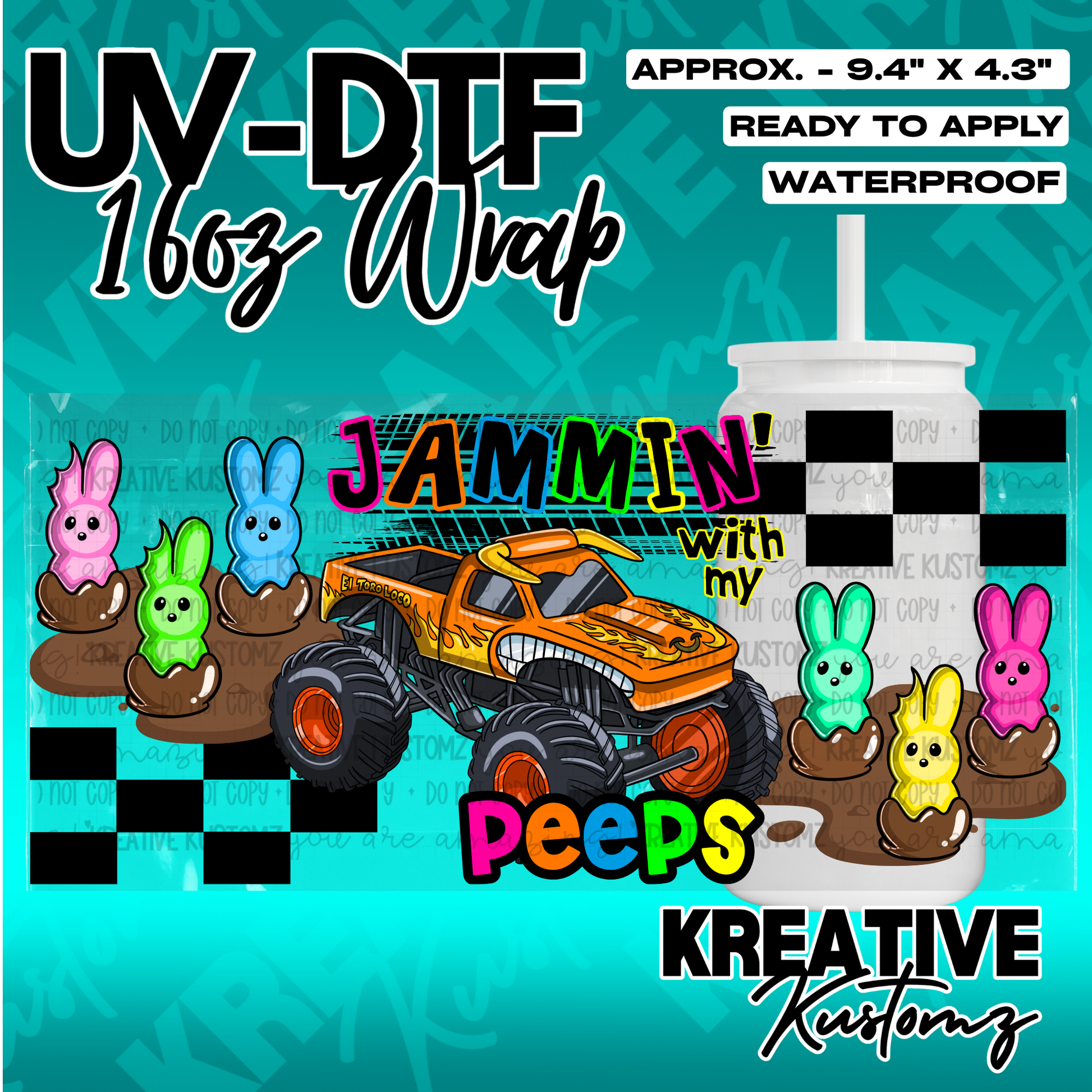 A UV DTF adhesive wrap for 16oz glass cans featuring a monster truck and colorful bunny candies.