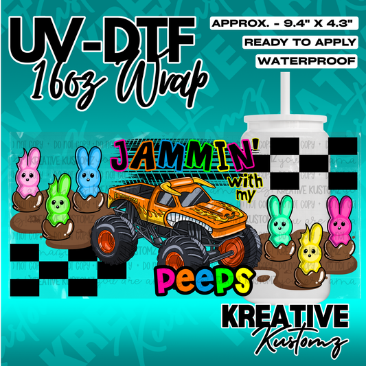 A UV DTF adhesive wrap for 16oz glass cans featuring a monster truck and colorful bunny candies.