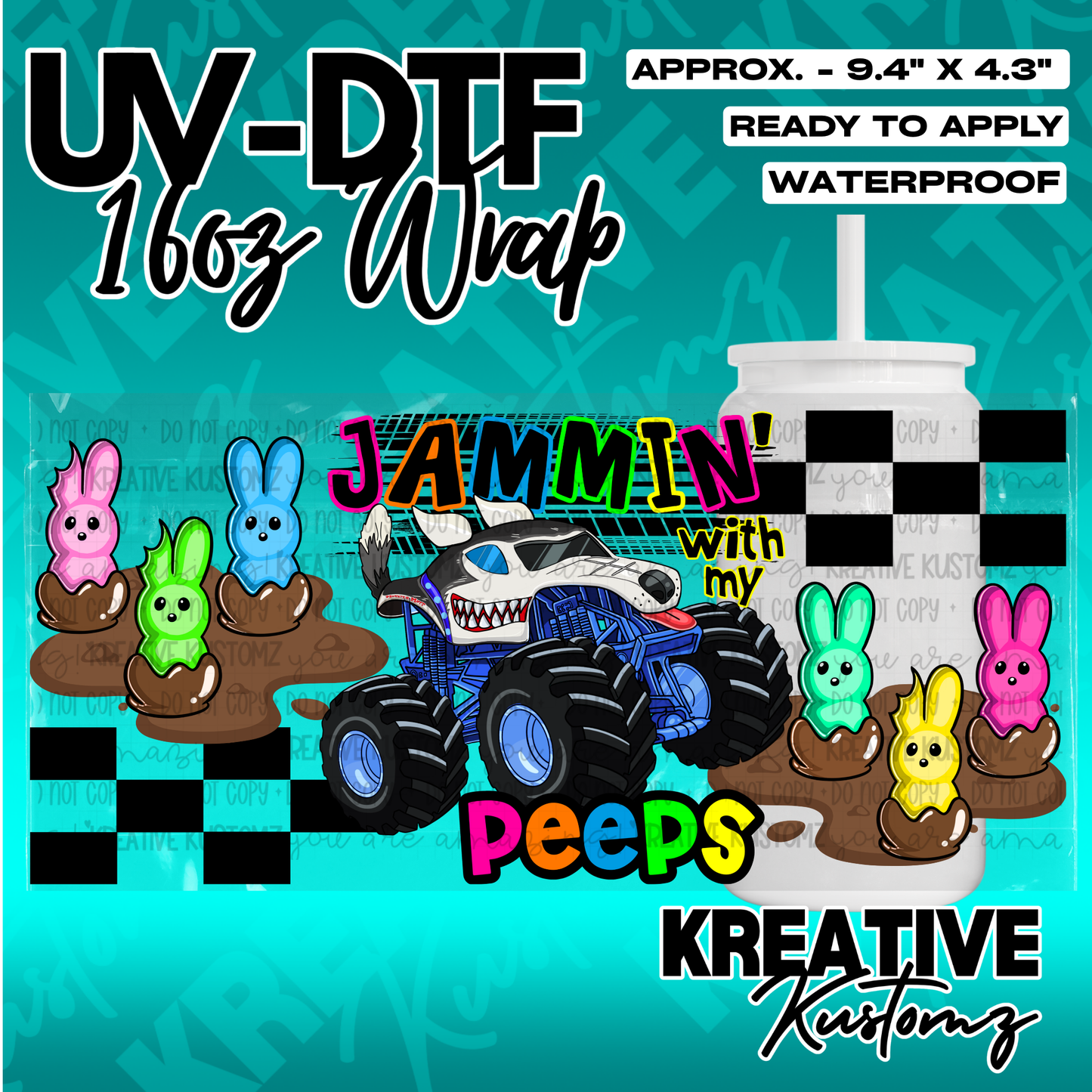 A UV DTF cup wrap featuring a monster truck, colorful bunny candies, and checkered patterns.