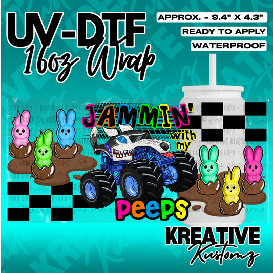 A UV DTF cup wrap featuring a monster truck, colorful bunny candies, and checkered patterns.