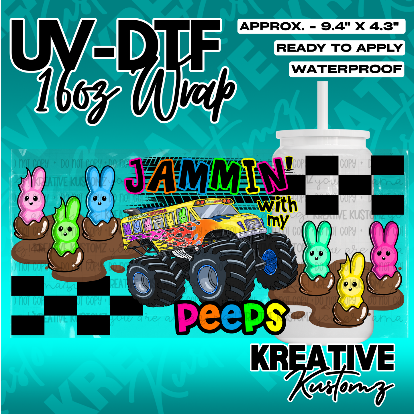 A UV DTF adhesive wrap for 16oz glass cans featuring a monster truck and colorful bunny candies.