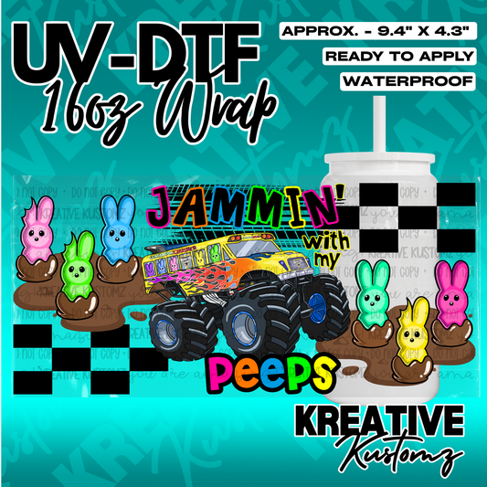 A UV DTF adhesive wrap for 16oz glass cans featuring a monster truck and colorful bunny candies.