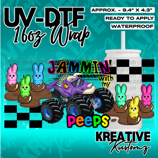 A UV DTF cup wrap featuring a monster truck, colorful marshmallow bunnies, and checkered patterns.