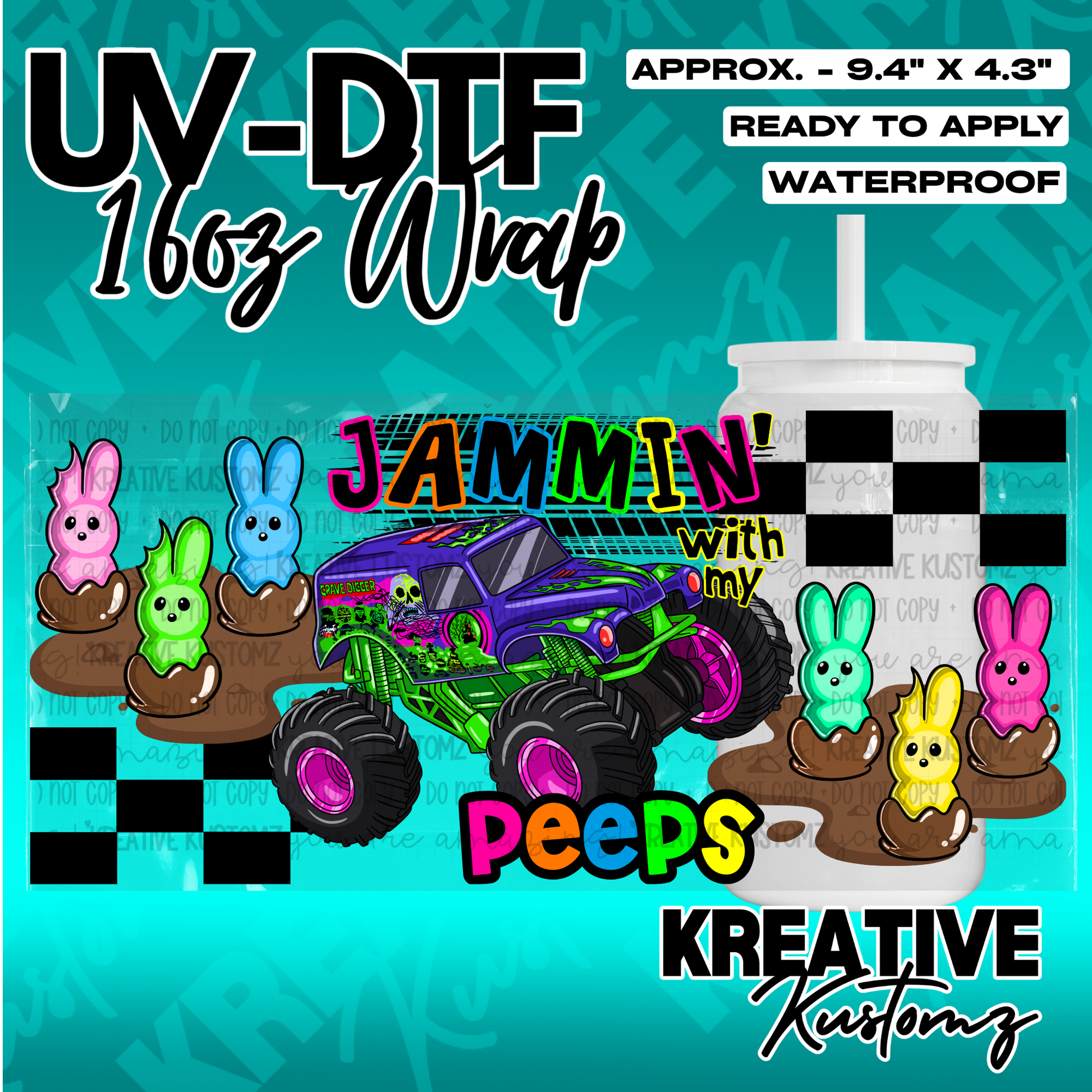 A UV DTF adhesive wrap for 16oz glass cans featuring a monster truck and colorful bunny candies.