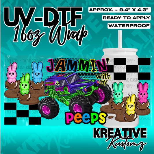 A UV DTF adhesive wrap for 16oz glass cans featuring a monster truck and colorful bunny candies.