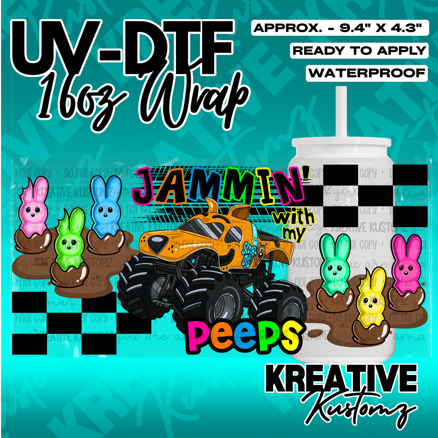 A UV DTF cup wrap featuring a Scooby Doo monster truck, colorful marshmallow bunnies, and checkers.