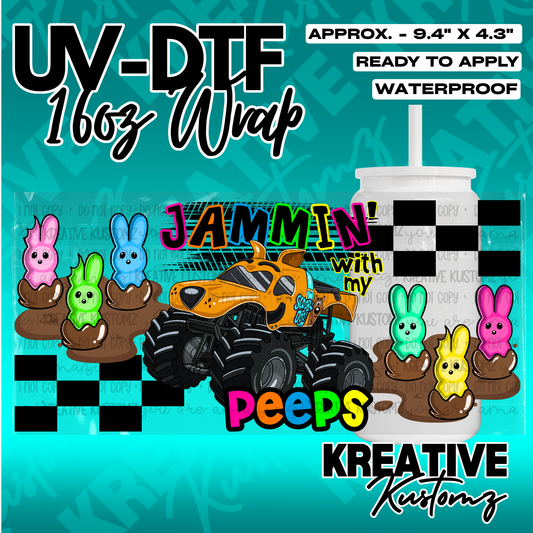 A UV DTF cup wrap featuring a Scooby Doo monster truck, colorful marshmallow bunnies, and checkers.