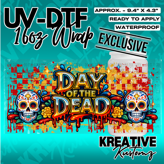 A Day of the Dead themed UV DTF adhesive wrap for a 16oz glass can.