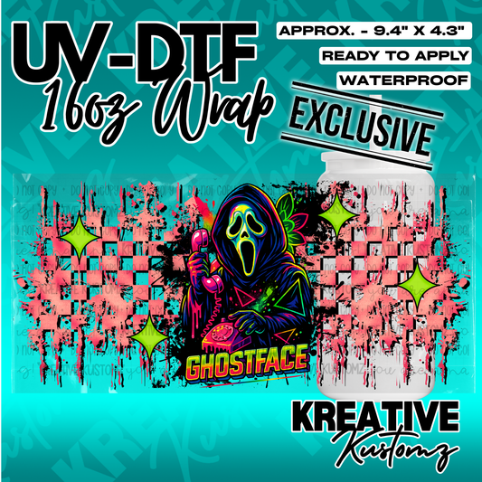 A Ghostface themed UV DTF adhesive wrap for a 16oz glass cup featuring a colorful checkerboard.