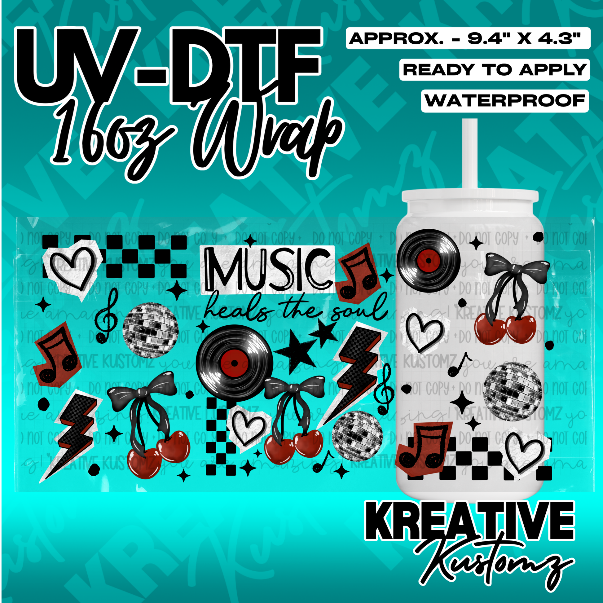 A music-themed UV DTF adhesive wrap for a 16oz glass cup featuring records, cherries, and hearts.