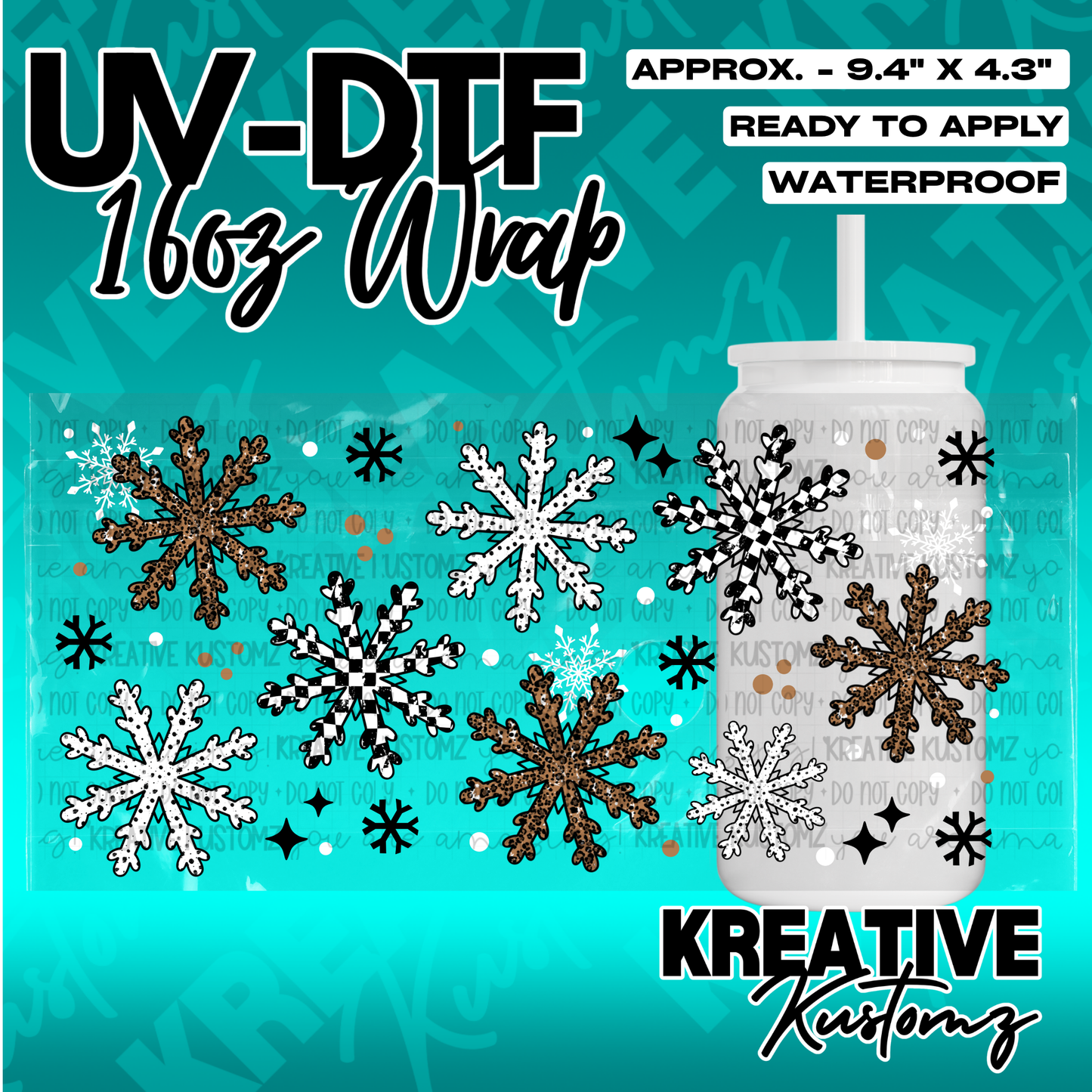 A UV DTF adhesive cup wrap featuring a pattern of leopard print and checkered snowflakes.