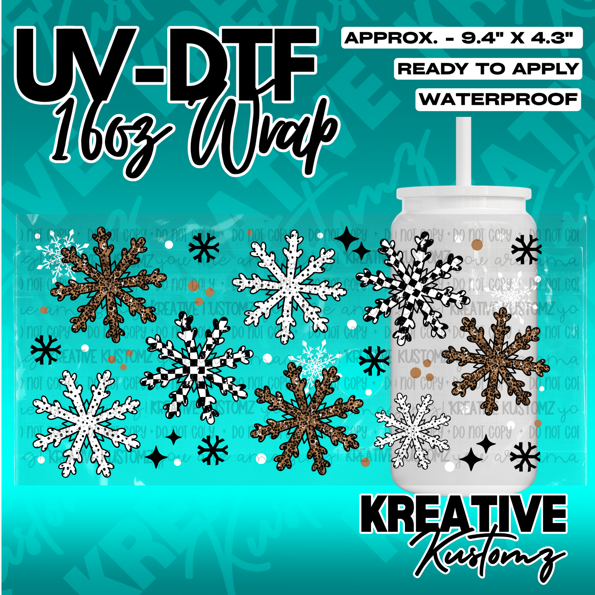 A UV DTF adhesive cup wrap featuring a pattern of leopard print and checkered snowflakes.